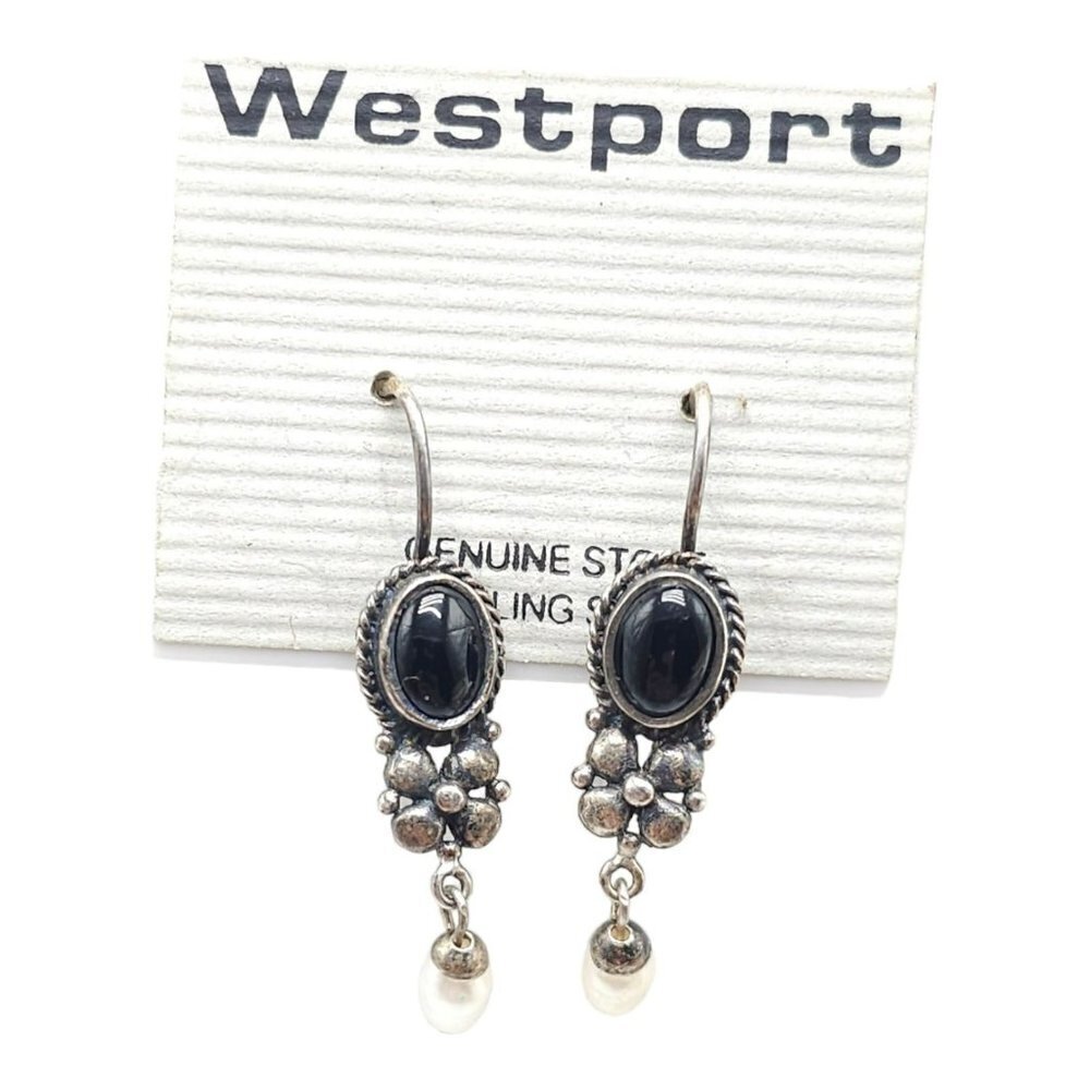 Westport 925 Sterling Silver Black Onyx Rice Pearl Dangle Drop Earrings Vintage